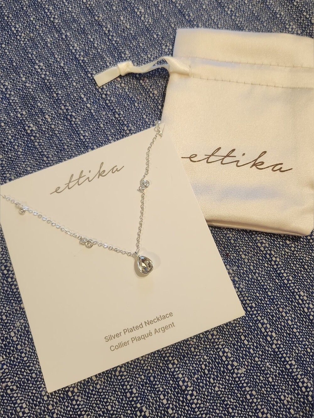 ettika Silver Teardrop Pendant Necklace with Clear Crystals
